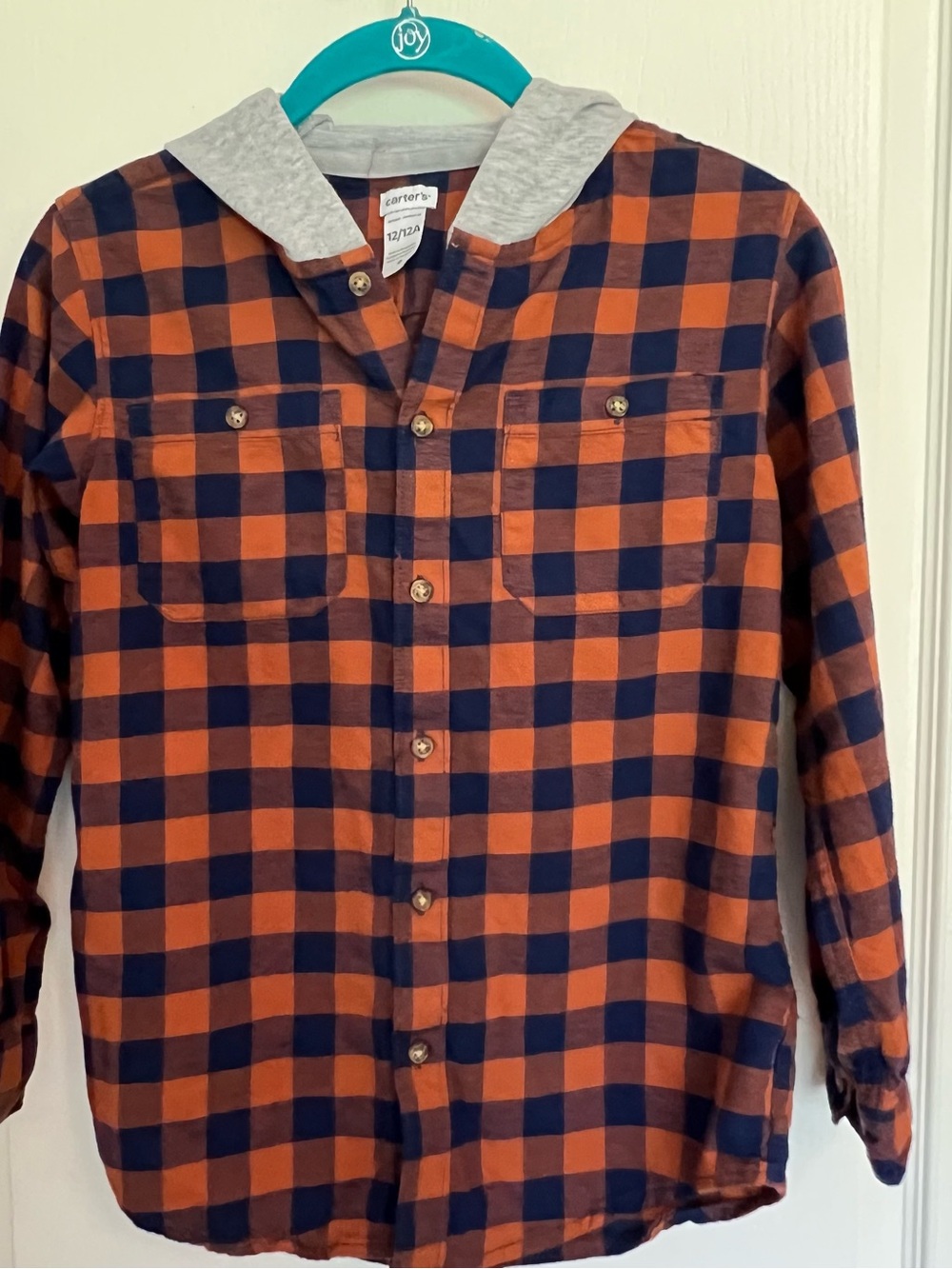 Carter's Orange and Navy Plaid Hooded Button-Down Shirt